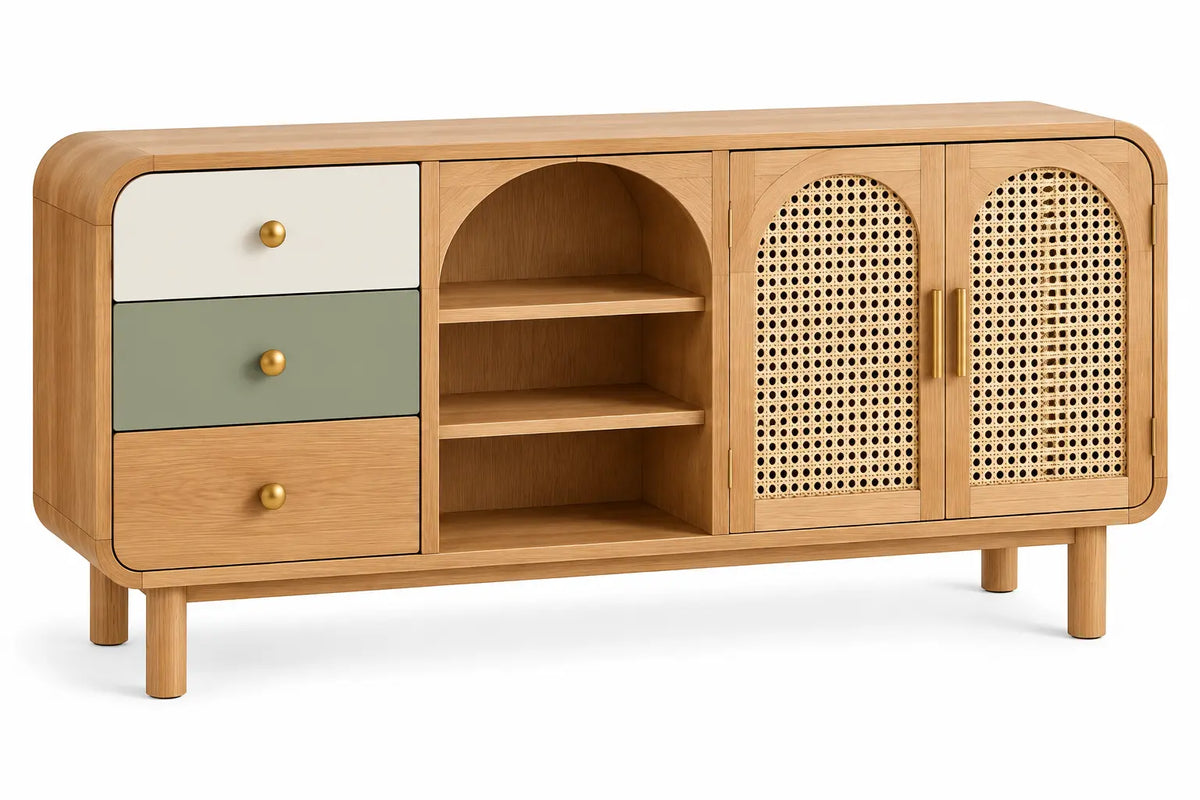 Figuredcherry storage sideboard with woven details and shelves in brown, white, and green, showcasing a stylish furniture piece.