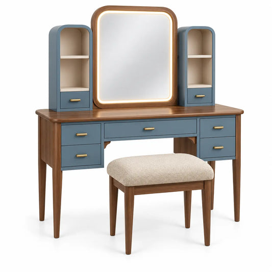 Figuredcherry brown and blue vanity dresser with mirror, shelves, and drawers, featuring a stylish and functional design.