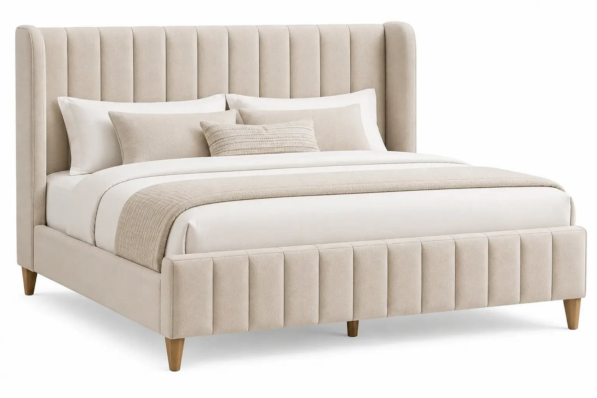 Estructura de cama con cabecero con acolchado acanalado, beige
