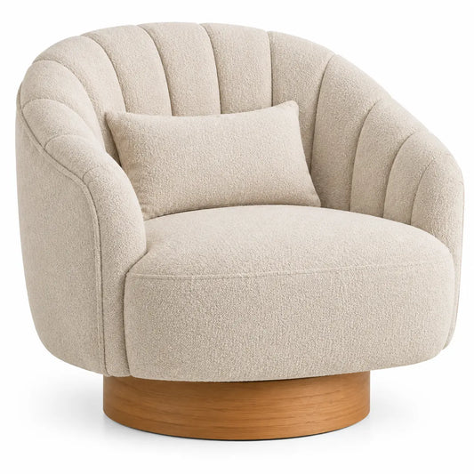 Beige and brown upholstered armchair with curved lines and channel-tufted cushioning, designed by FiguredCherry.