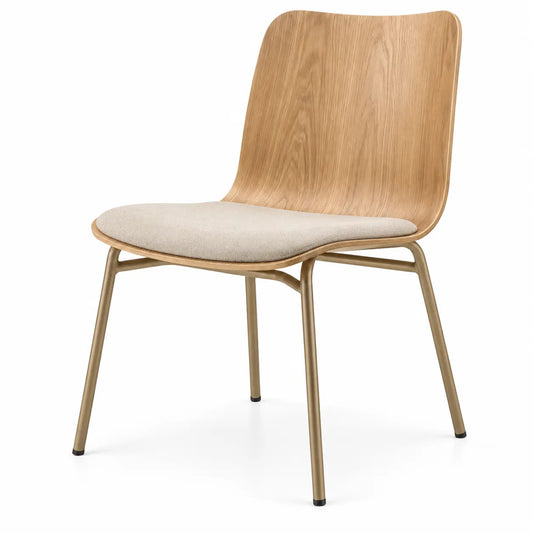 Figuredcherry brown dining chair with elevated legs and a supportive backrest, featuring gold accents, ideal for modern dining rooms.
