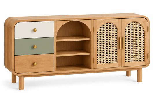 Figuredcherry storage sideboard with woven details and shelves in brown, white, and green, showcasing a stylish furniture piece.