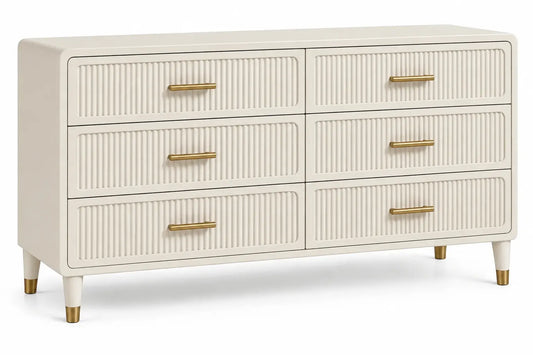 White dresser with vertical line details and multiple drawers, featuring a sleek modern design by FiguredCherry.