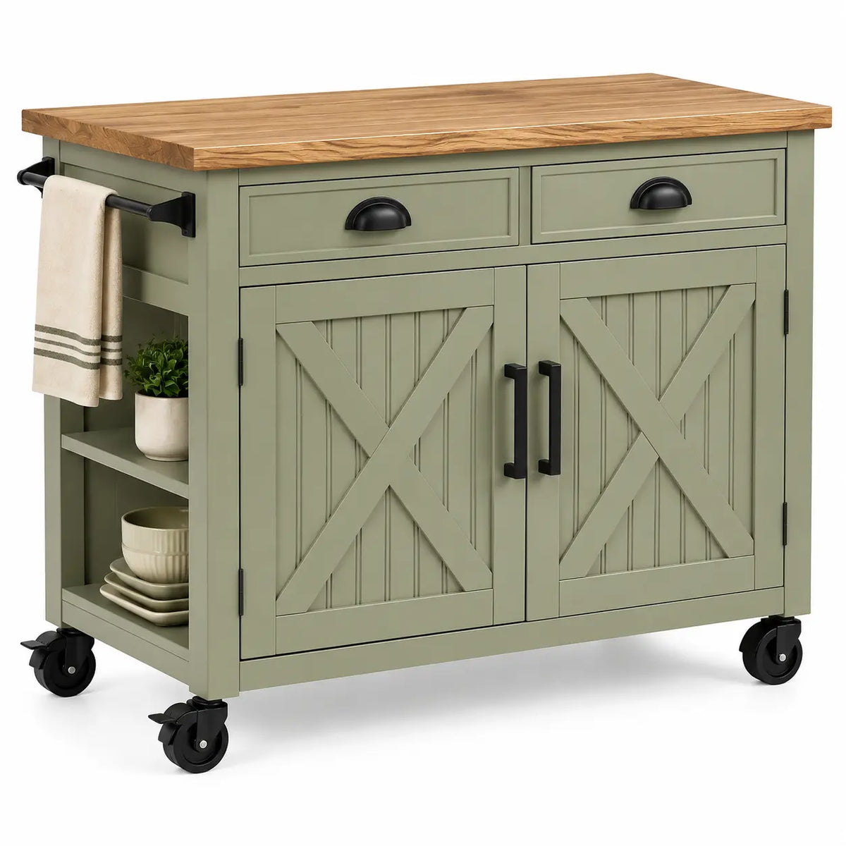 Figuredcherry green and brown kitchen cart with wheels, drawers, and shelves for versatile kitchen storage.