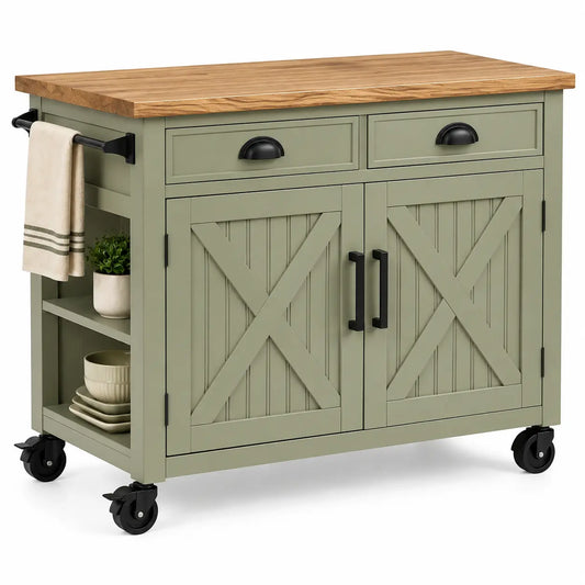 Figuredcherry green and brown kitchen cart with wheels, drawers, and shelves for versatile kitchen storage.