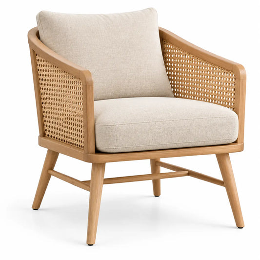 Beige and brown open-structured armchair with woven detailing, modern furniture piece by FiguredCherry.