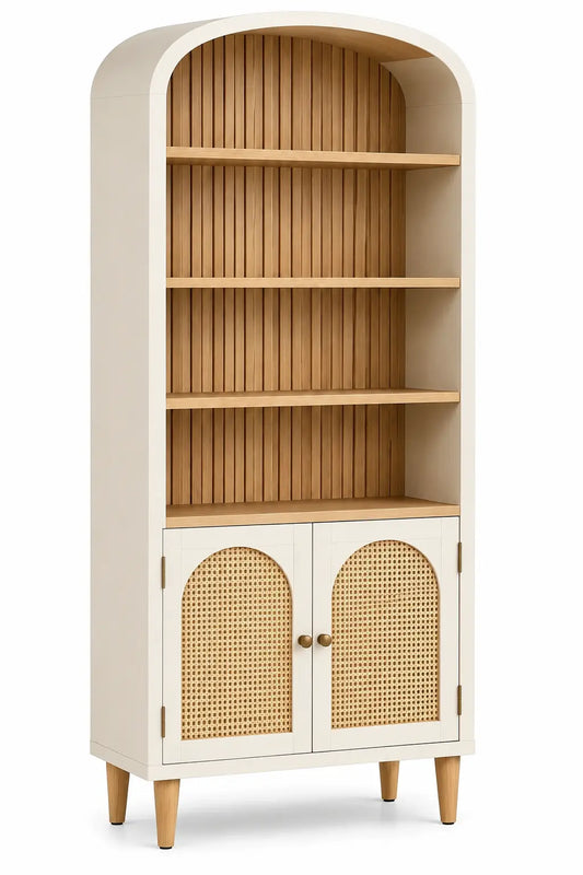 White and brown arched storage shelf by figuredcherry, modern furniture piece with curved design and open compartments.