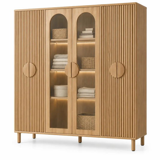 Figuredcherry storage cabinet with arched design, vertical line details, in brown, showcasing a modern wooden furniture piece