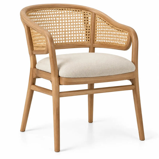 Figuredcherry beige and brown dining chair with woven backrest and upholstered seat, modern design for dining rooms.
