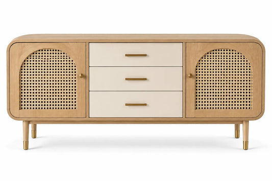 Figuredcherry storage sideboard with woven details and drawers in brown and white, showcasing a modern furniture design.