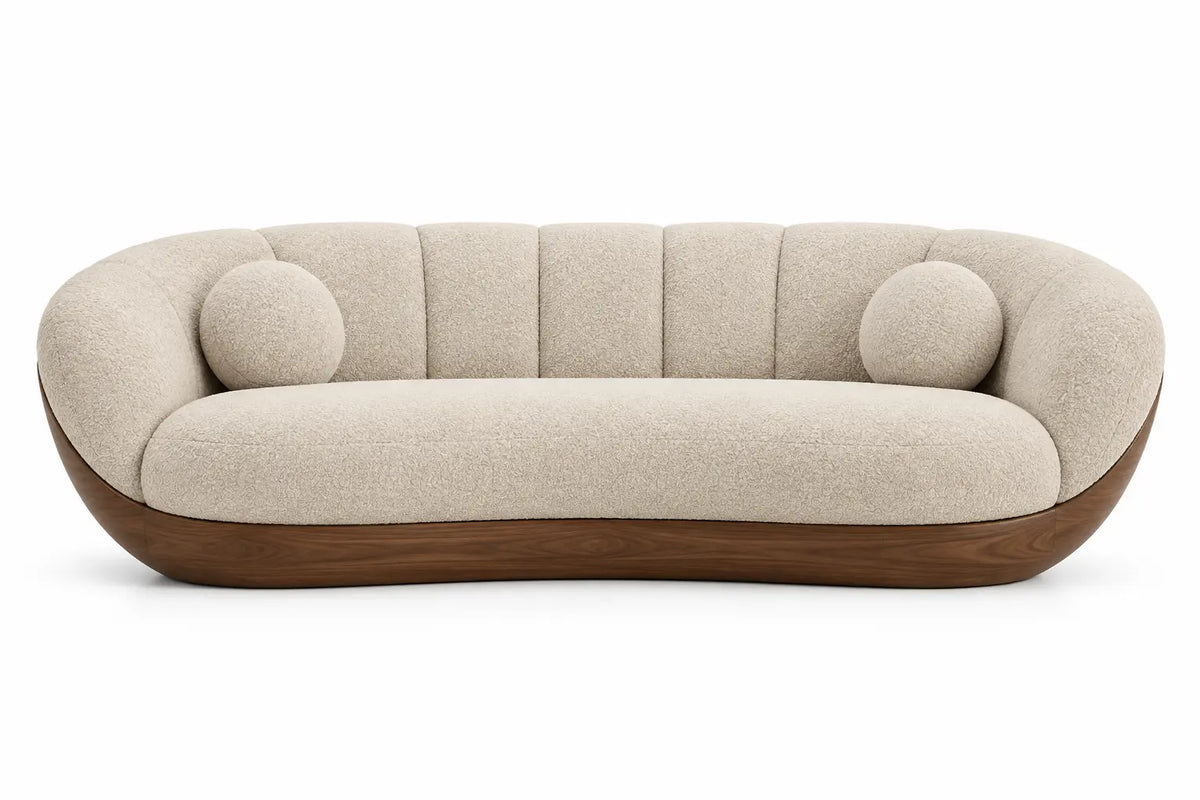 Beige and brown curved upholstered sofa with rounded contour, modern design by FiguredChery for stylish living spaces.