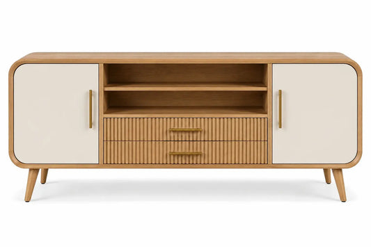 Figuredcherry wooden storage sideboard with woven details, featuring white shelves and a brown finish for stylish organization.