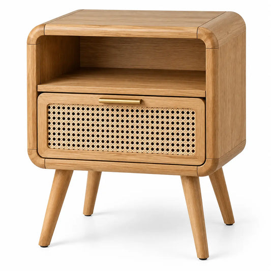 Figuredcherry brown auxiliary storage table with woven details and open shelves, ideal as a versatile accent furniture piece.