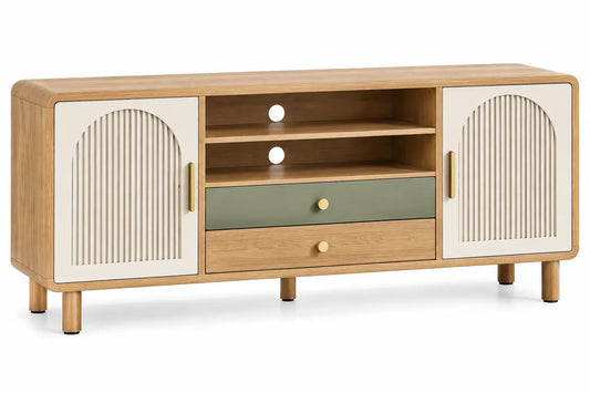 Figuredcherry TV stand with vertical line details, featuring white, brown, and green shelves for modern entertainment setup.