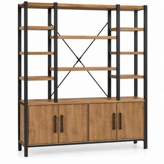 Figuredcherry brown and black storage bookshelf with crossed detail, modern furniture for organized space.