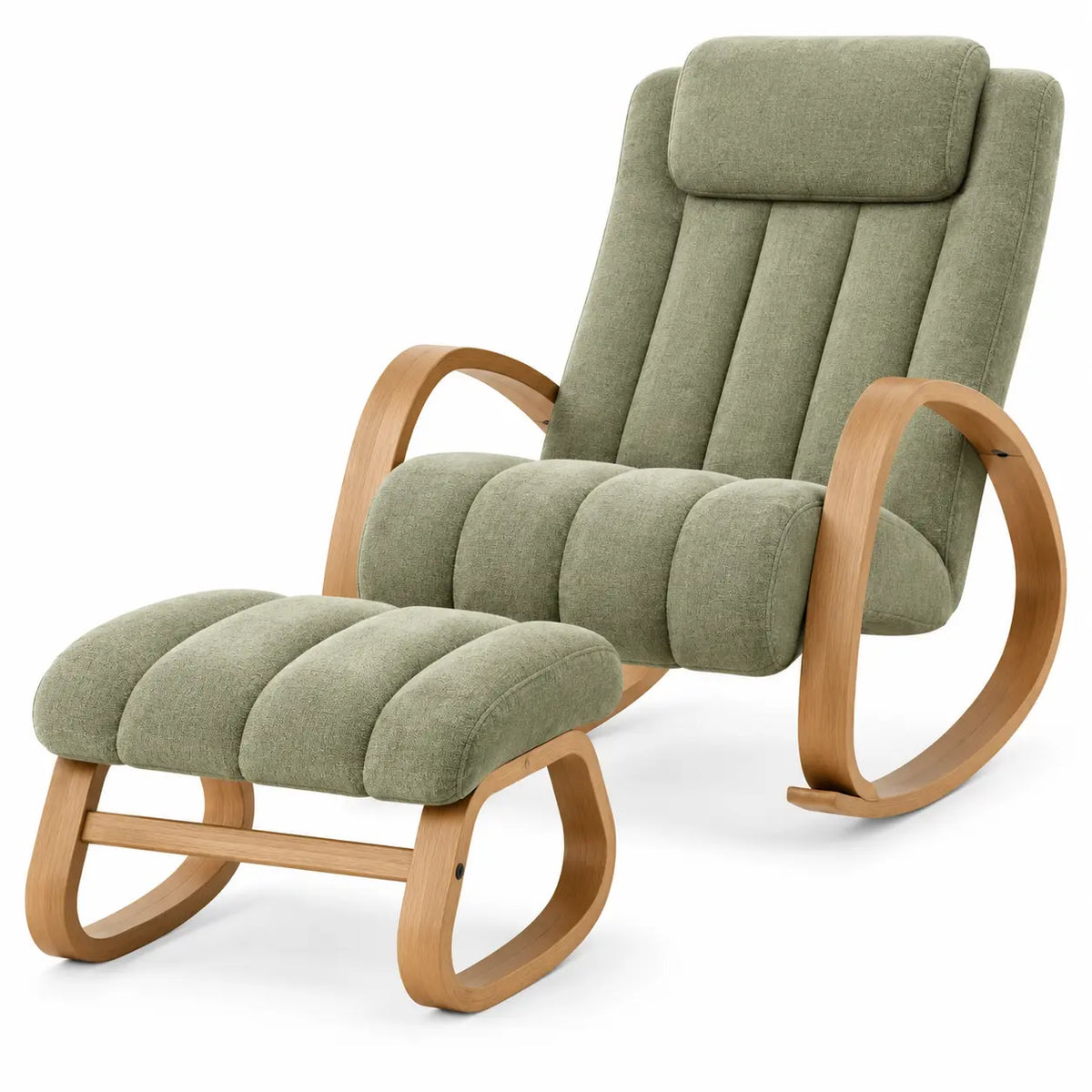 Sillón con reposapiés con acolchado acanalado y respaldo alto, verde y marrón