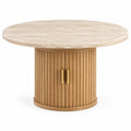 Mesa de comedor de contorno redondeado, beige y marrón