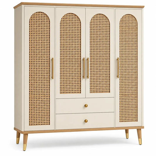 Figuredcherry storage cabinet with arched shapes and lattice details, featuring a white and brown finish.